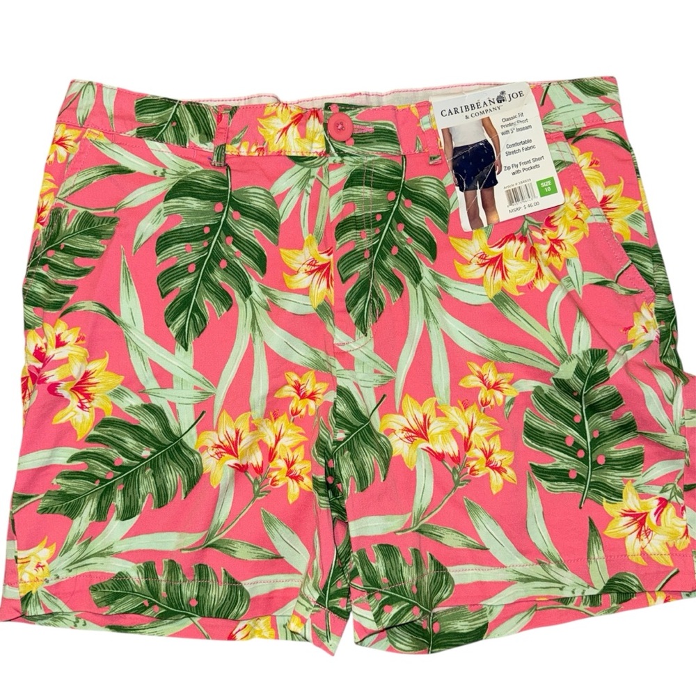 Caribbean Joe Pink Floral Tropical Palm Shorts Women's Size 10 Stretch 5" Inseam